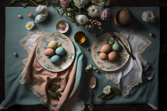 - beautiful Easter breakfast with a blue tablecloth, generative ai