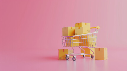 Conceito de compras online com carrinho cheio de caixas, fundo rosa 