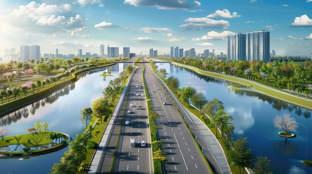 View of road highway with lake garden and modern city skyline in background --ar 16:9 --v 6 Job ID: 7532da72-8693-4d9c-9e6b-950666f4a0fa