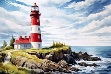 a painting of a lighthouse on a rocky shore with Lindesnes Lighthouse in the background