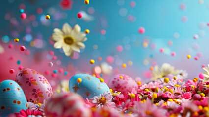 Obraz na płótnie Canvas Colorful Easter Eggs Amidst Spring Flowers