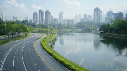 View of road highway with lake garden and modern city skyline in background