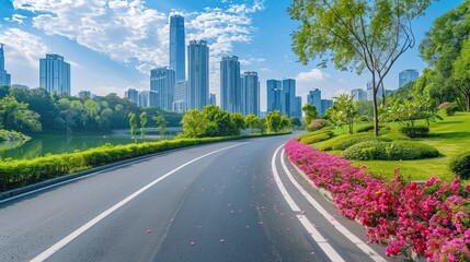 Fototapeta premium View of road highway with lake garden and modern city skyline in background 