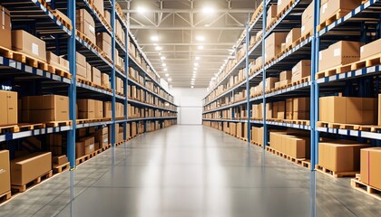 warehouse, Distribution warehouse, Rows of shelves with boxes. Logistics. Inventory control, order fulfillment or space optimization. advertising, marketing or presentation, A large warehouse business