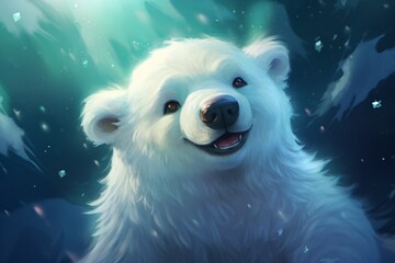 a white bear smiling at the camera - obrazy, fototapety, plakaty