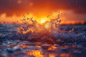 Dramatic sunset with the sun peeking through a heart-shaped water splash, creating a stunning silhouette against the vibrant sky