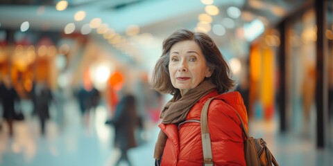 Senior brunette Caucasian woman radiating elegance and grace, striking a dynamic pose amidst the bustling motion of a contemporary shopping mall.