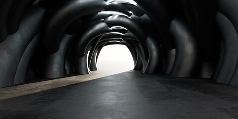 Dark tunnel with numerous black pipes 3d render illustration