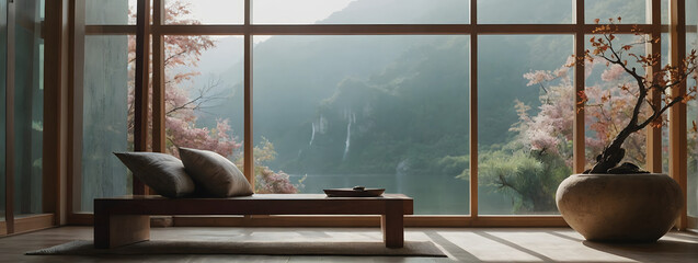 Zen-inspired room with a meditation chair against a tranquil watercolor wall. 