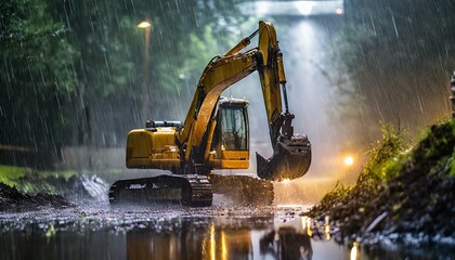 Excavator working hard moving earth projects in difficult rainy and muddy weather conditions