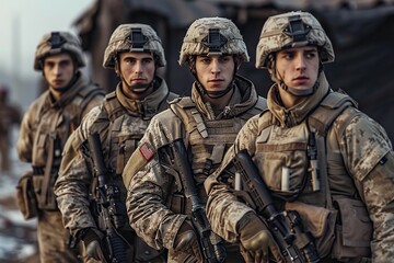 Unified Strength Military Team Standing Together on the Battlefield, Demonstrating Solidarity and Readiness in the Face of Adversity.