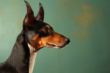 Close-up profile portrait of a focused dog against a green wall