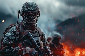 Obraz premium Future Warfare Dynamics Special Forces Execute Precision Mission with Advanced Team Tactics, Illustrating Evolved Military Concepts.