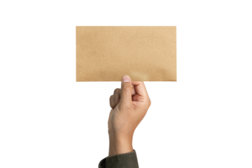 Hand hold blank business card to enter your message isolated on white background. Brown business card