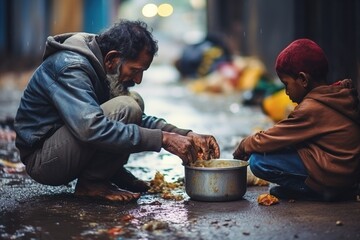 senior homeless man sharing food with a boy - obrazy, fototapety, plakaty