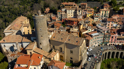 Aerial view of Nemi, a town and comune in the Metropolitan City of Rome, Italy. It is located in...