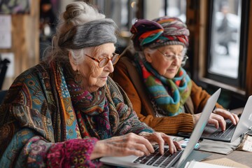 Two senior women are seen busy working on their modern laptops in a café, with coffee, indicating active lifestyles