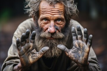 old homeless man on the street with dirty hands