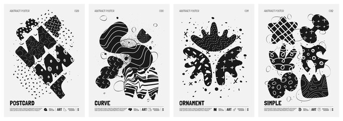 Black and White vector minimalistic Posters with bizarre abstract geometric unusual shapes and forms with textures in matisse style, Hand drawn modern wall art with aesthetic naive figures, set 8