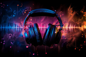 a pair of headphones against a backdrop of vibrant digital sound waves and musical notes, symbolizing the melody and harmony in music.