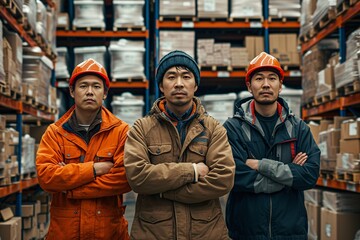 A group of serious-looking warehouse employees standing confidently with arms crossed in a well-organized facility