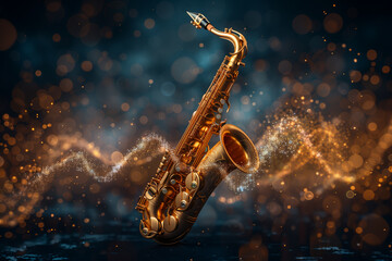 A striking image of a luxury golden saxophone with gold-colored digital sound waves flowing around it.