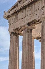 Fototapeta premium Parthenon temple column details at the acropolis in athens, greece (doric architecture corinthian pillars) europe travel culture history (historic ruins, art, sculpture) european greek tourism culture