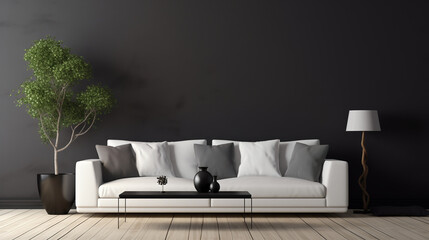 Minimalist Living Room with White Couch and Greenery Against a Dark Wall