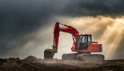 Red earthmoving excavator working on earth moving project in rainy day with sun coming up - obrazy, fototapety, plakaty