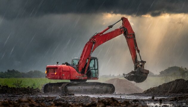 Red earthmoving excavator working on earth moving project in rainy day with sun coming up