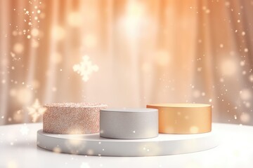 Podium with background soft bokeh, podium for product presentation, stage showcase, promotion display, Christmas, New year, 3D.