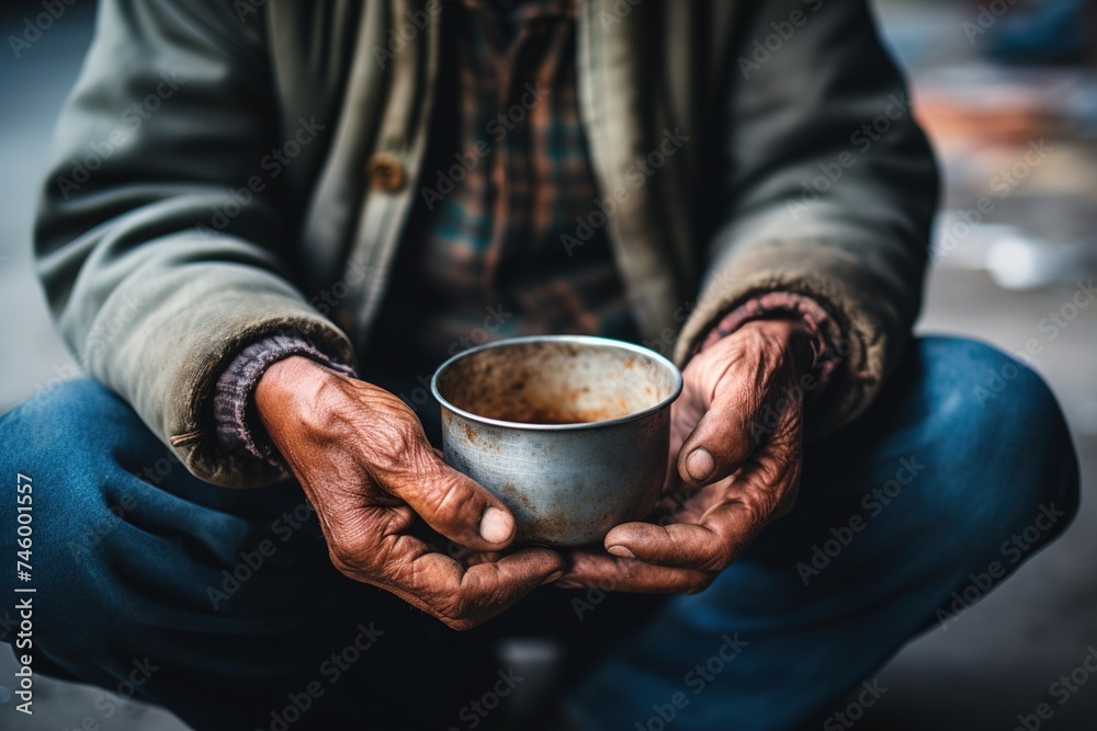 Wall mural senior homeless man eating on the street