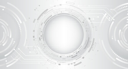 Obraz premium Hi-tech grey background with various technology elements. Vector illustration of circuit board and circles. Abstract futuristic communication.