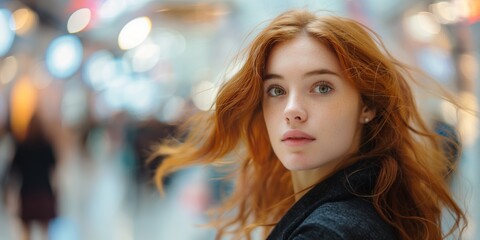 young red-headed Caucasian woman exudes youthful energy and confidence as she strikes a dynamic pose amidst the bustling motion of a contemporary shopping mall.