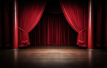 Red theater curtain. Luxurious silky velvet tiled drapes texture.
