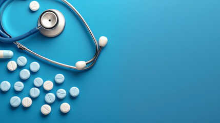 Stethoscope and Pills on Blue Background - Medical Concept