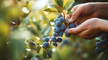 Picking ripe blueberries close-up photo