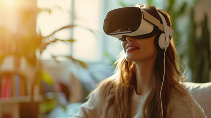 Smile happy woman playing game in virtual reality glasses getting experience using VR headset glasses of virtual reality at home, generative ai - obrazy, fototapety, plakaty