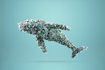 Concept plastic in ocean, huge whale composed of plastic bottles and garbage on blue background, plastic waste, humanity heritage, pollution. 3D rendering, Copy space