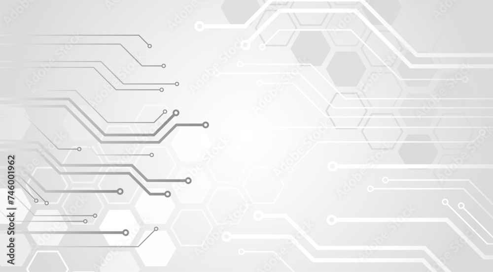 Aufkleber Vector illustration of circuit board and hexagons. Abstract futuristic communication. Hi-tech grey background with various technology elements.