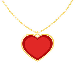 Heart shape red gemstone necklace. Golden metal chain. Isolated, Expensive jewelry. Elegant love gift. Diamond precious stone.