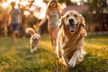 Golden Hour Bliss A Joyful Family and Their Adorable Golden Retriever Dog Playing Together on a Beautiful Backyard Lawn.