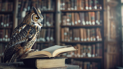 A wise owl browsing through a holographic library a minimalist tech portrait capturing the essence of knowledge and innovation