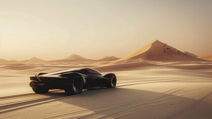 Fototapeta na wymiar Futuristic car in minimal desert landscape