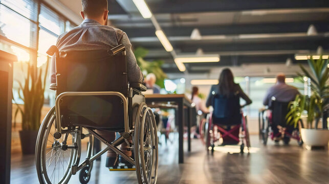 Inclusive Workplace with Diverse Team of Wheelchair Users Contributing to Collaborative Office Environment