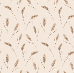Seamless wheat spikelet pattern. Watercolor herbal background with wheat spica, oats spikelet illustration for textile, wallpapers, bakery decor. Wheat spikelet watercolor seamless pattern