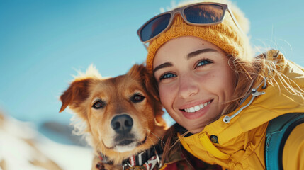 Smiling Woman in Winter Gear Selfie with Pet Dog Outdoors