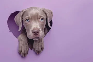 Poster A Weimaraner puppy peeks out of a heart-shaped hole in a lilac wall. a pet. a breed of dog. © MaskaRad