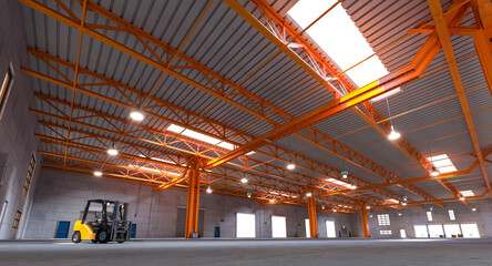 Modern industrial warehouse interior with forklift - 746002521