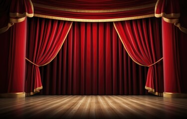 Red theater curtain. Luxurious silky velvet tiled drapes texture.